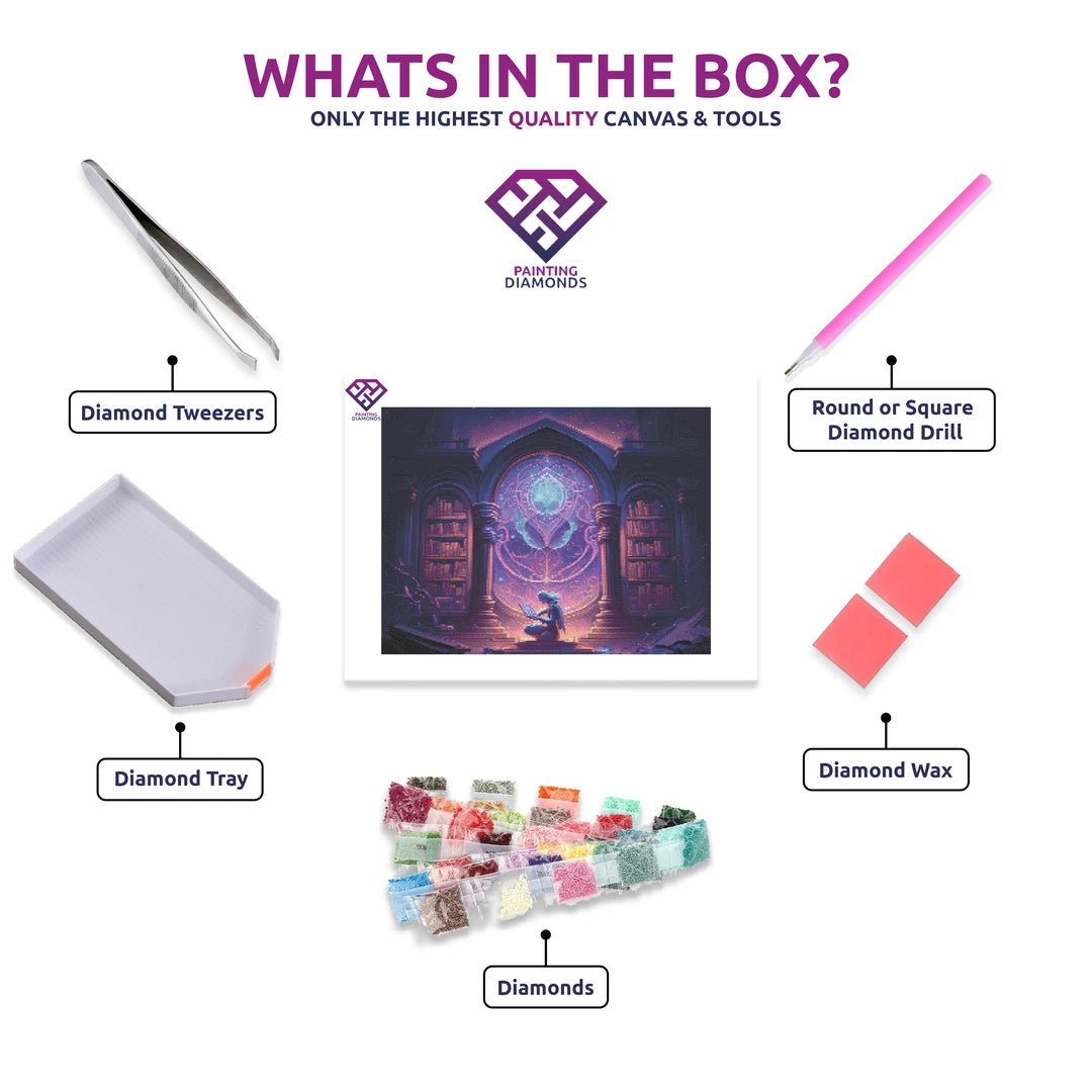 Knowledge diamond painting kit contents shown together
