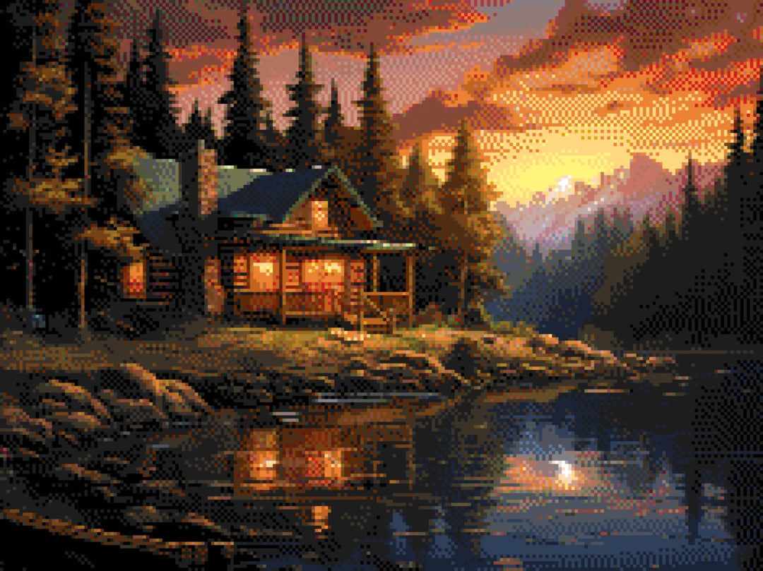 Lakeside Cabin artwork shown as a completed diamond painting preview