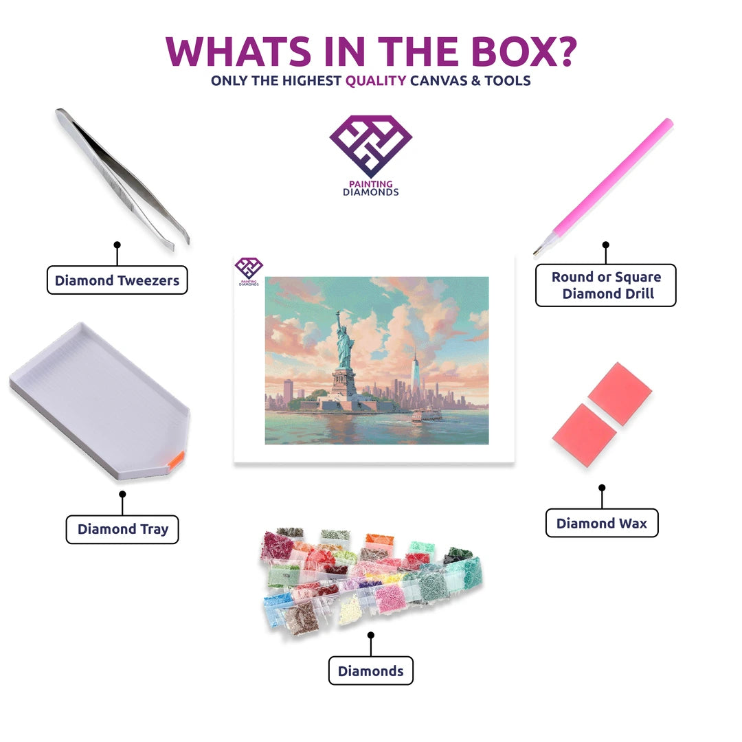 Liberty Pastels diamond painting kit contents shown together