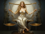 Seated blonde woman in white and gold holding chains with outstretched arms