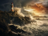 Striped lighthouse on a rocky outcrop Waves crash against the rocks, producing spray in outdoor seascape