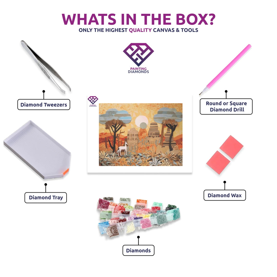 Lost City of the Kalahari diamond painting kit contents shown together