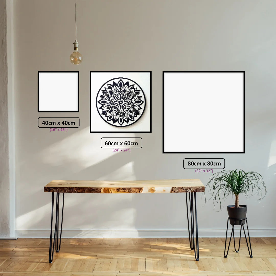 Minimalist Mandala diamond painting displayed in a room setting