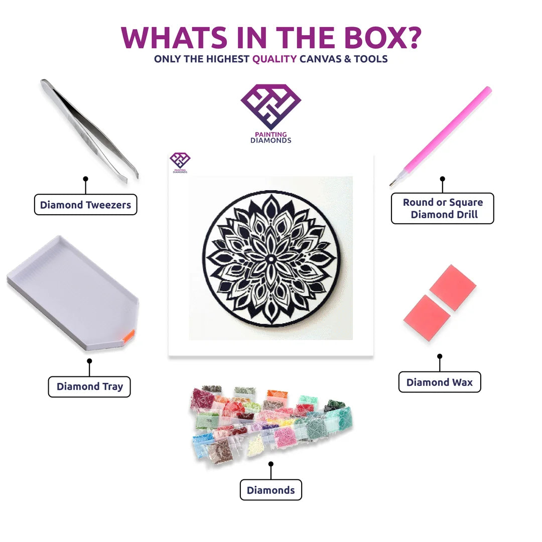Minimalist Mandala diamond painting kit with canvas, drills, tray, pen and wax