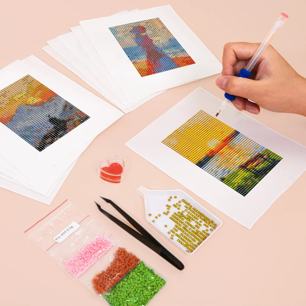 Working on several Modern Abstract Landscapes mini diamond painting designs with drills and applicator