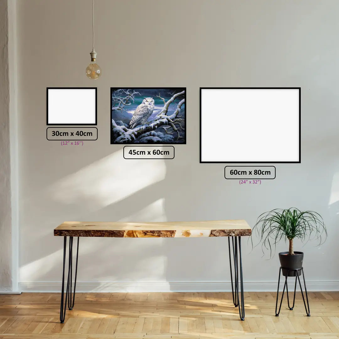 Moonlit Owl diamond painting displayed in a room setting