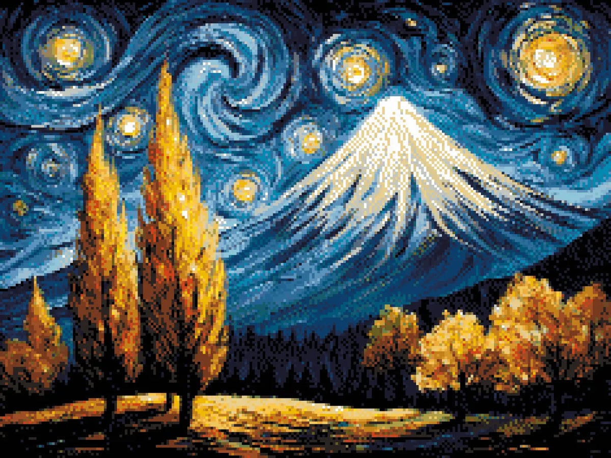 Mount Fuji in Autumn artwork shown as a completed diamond painting preview