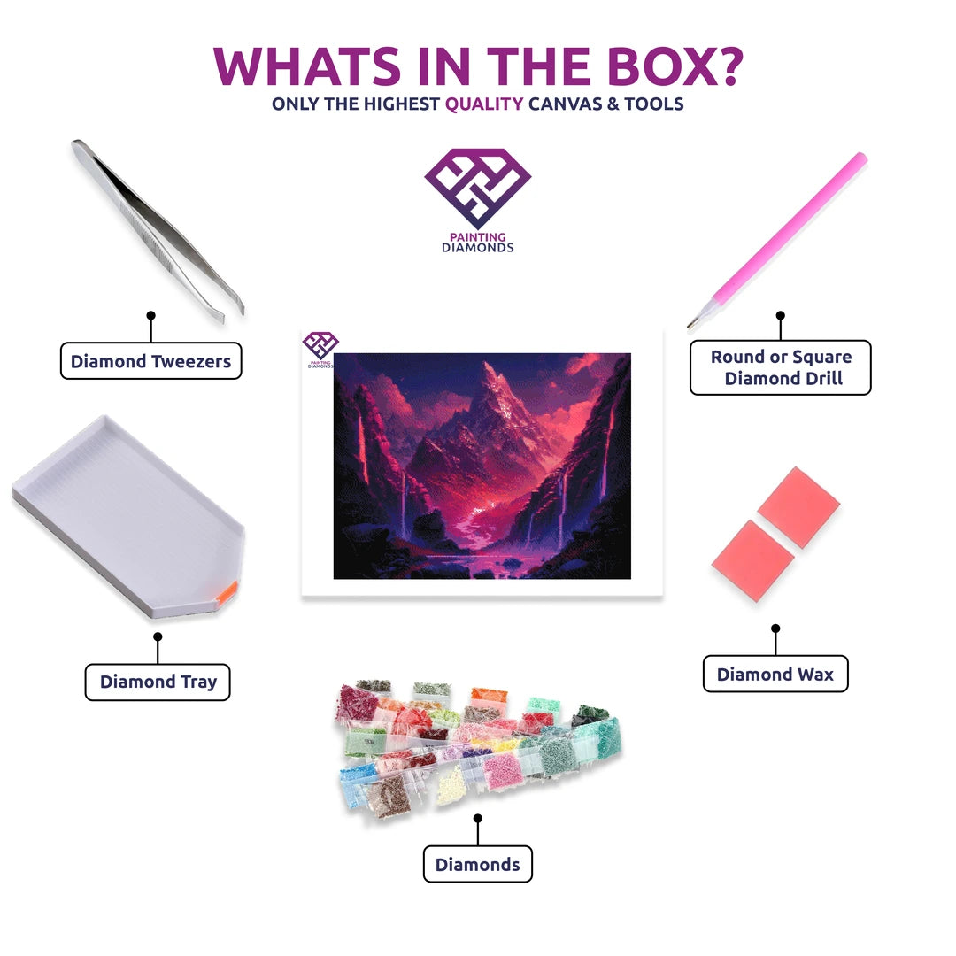 Mystical Mountain Range diamond painting kit contents shown together