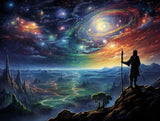 dark hooded human-like figure standing on a rocky elevated ledge Standing upright and facing the illuminated horizon and sky,