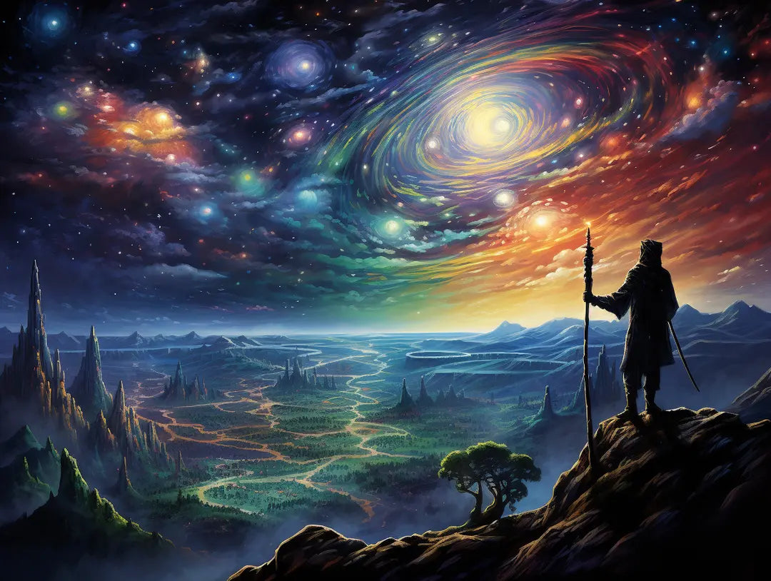 dark hooded human-like figure standing on a rocky elevated ledge Standing upright and facing the illuminated horizon and sky,