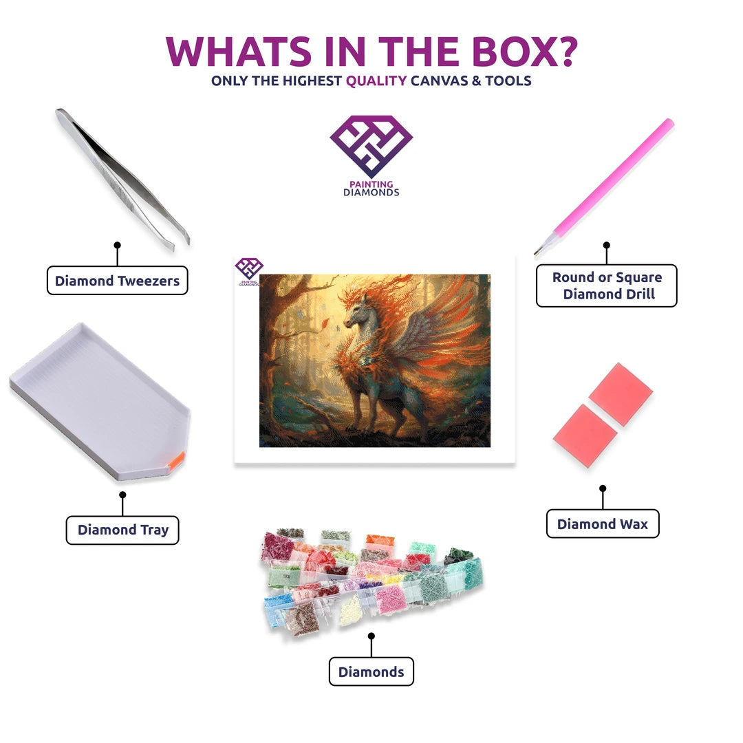 Mythical Majesty diamond painting kit contents shown together