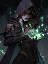 Hooded necromancer with glowing orange eyes