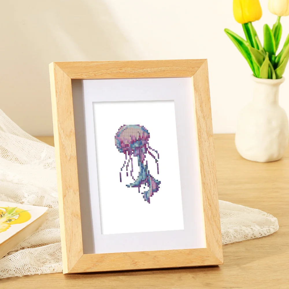 Completed Ocean Coral & Shells mini diamond painting shown as framed decor