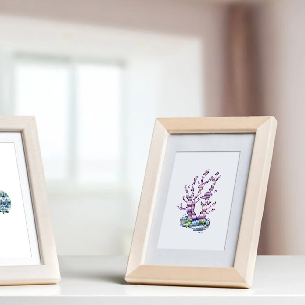 Ocean Coral & Shells mini diamond painting design displayed in a decorative room setting