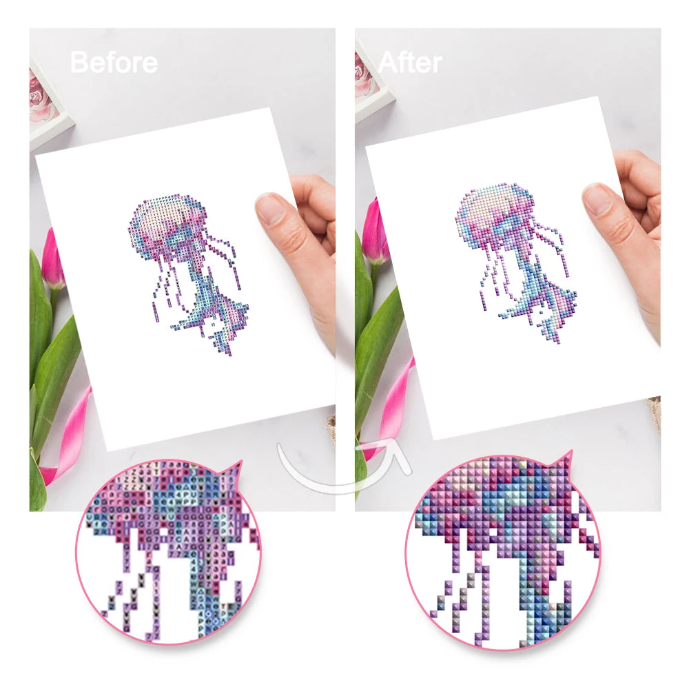 Before and after view of a Ocean Coral & Shells mini diamond painting design
