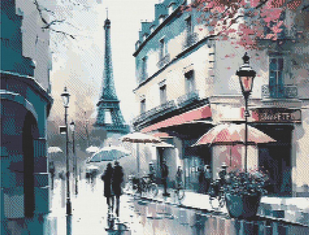Paris artwork shown as a completed diamond painting preview