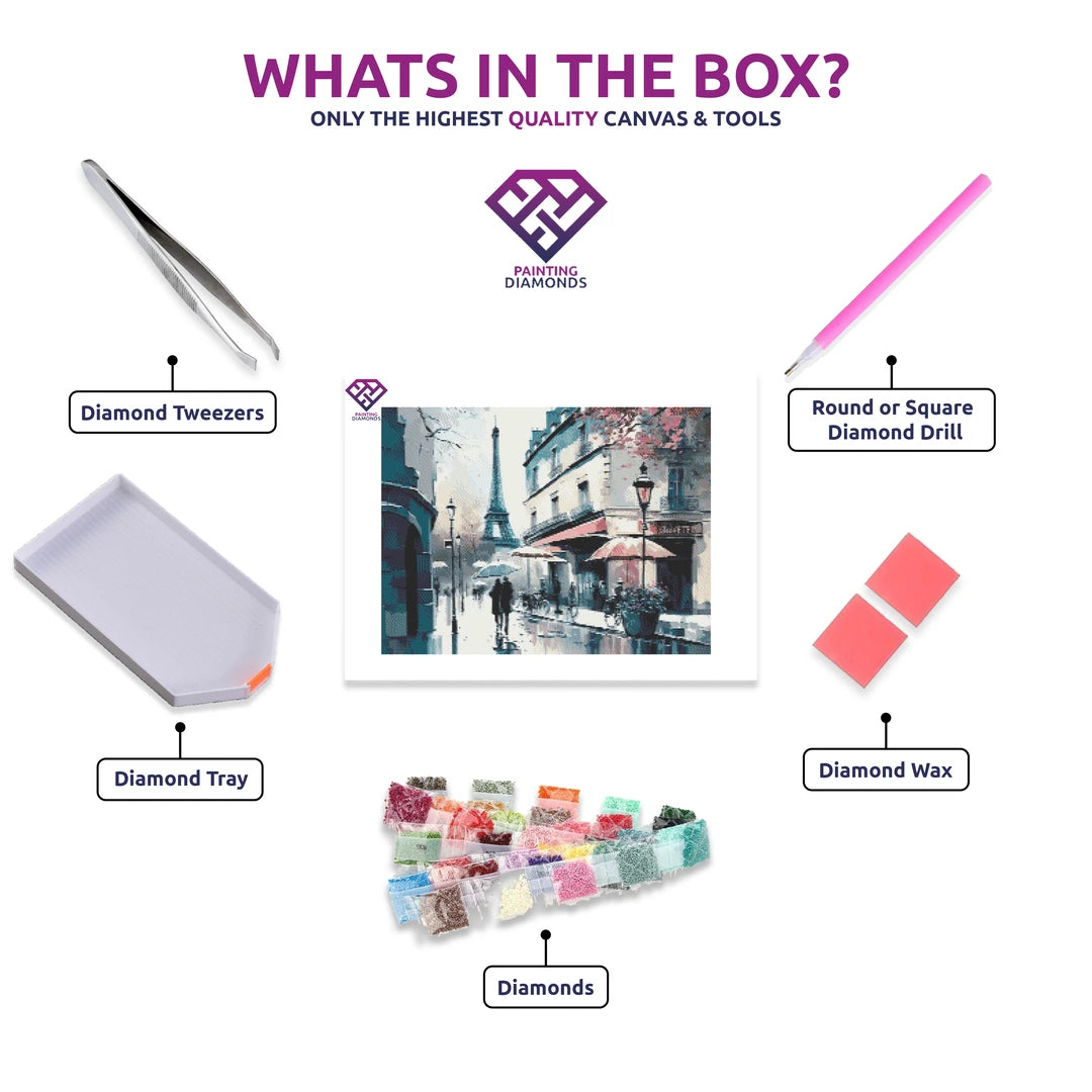 Paris diamond painting kit contents shown together