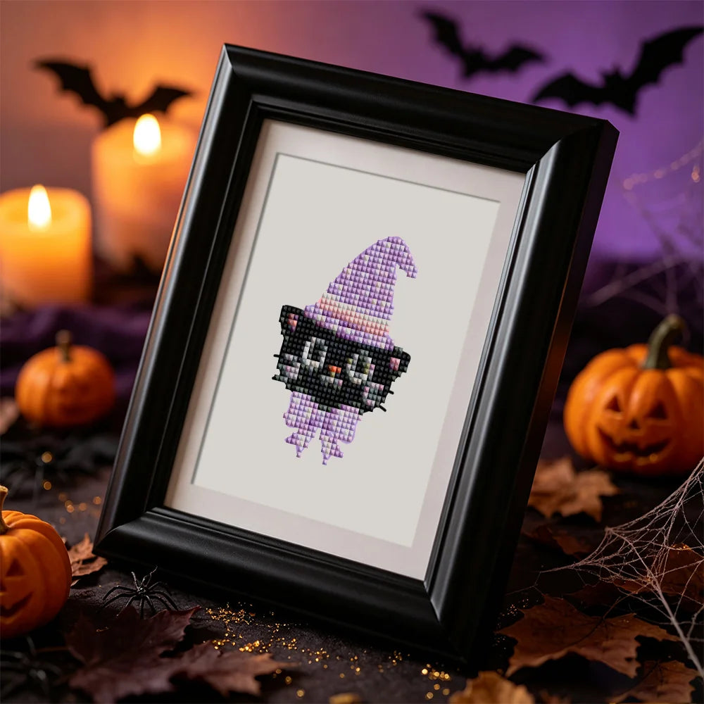 Framed Pastel Halloween Cuties mini diamond painting artwork displayed in a styled setting