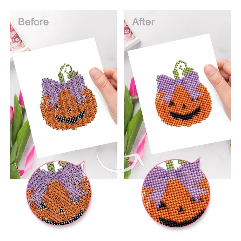 Before and after view of a Pastel Halloween Cuties mini diamond painting design