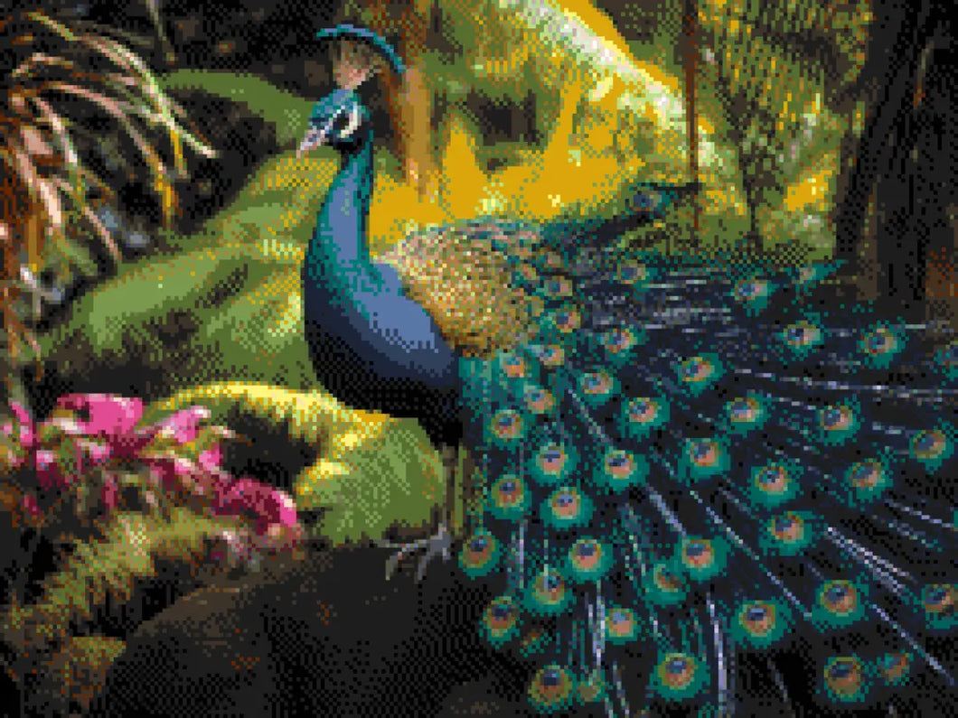 Peacock Splendour artwork shown as a completed diamond painting preview