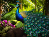 Peacock Standing on a rock with its long feather train prominently displayed across the frame in garden-like outdoor setting