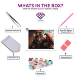 Pirate Adventure diamond painting canvas with tweezers, applicator pen, tray, wax and coloured drills