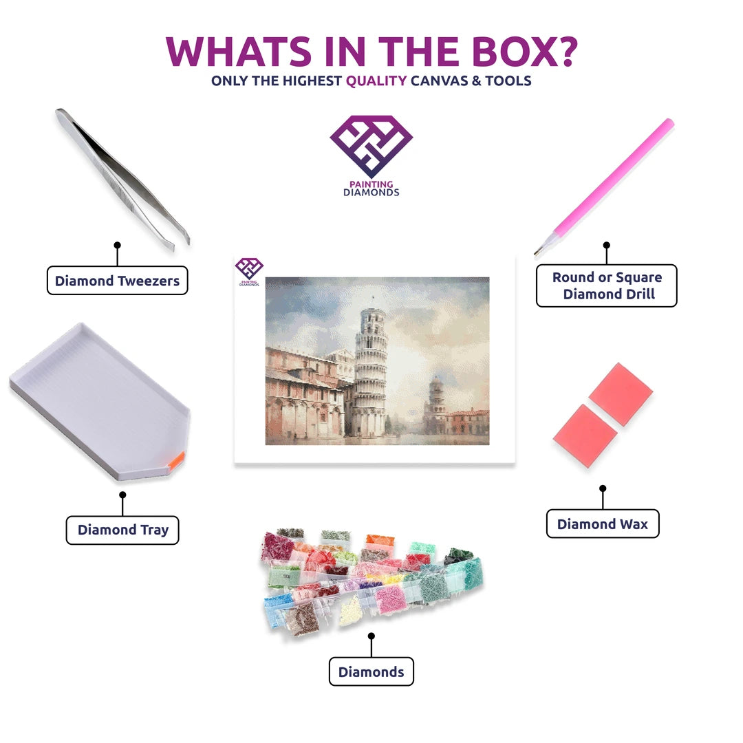 Pisa Pastels diamond painting kit contents shown together