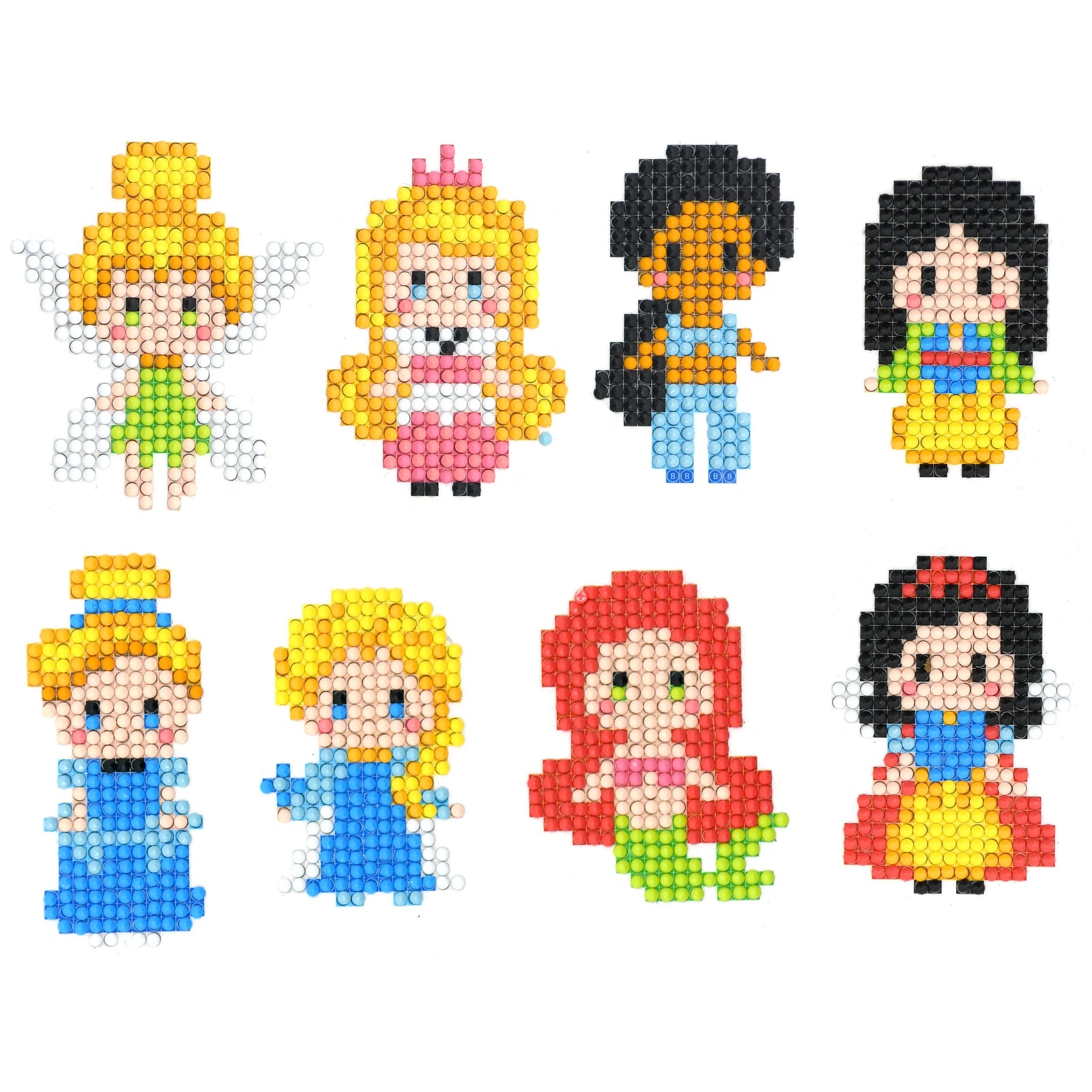 Pixel fairytale characters diamond painting sticker kit with princess fairy mermaid and storybook style designs