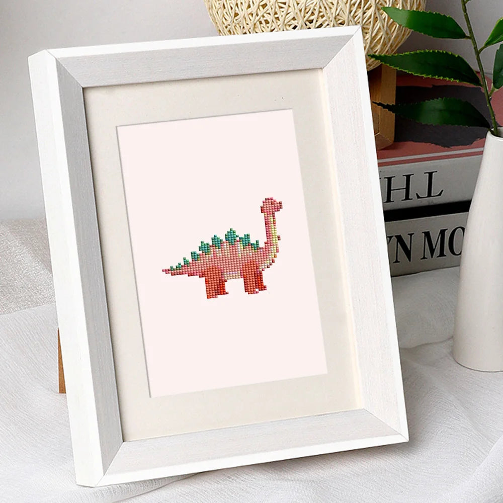 Playful Dinosaurs mini diamond painting design displayed in a decorative room setting