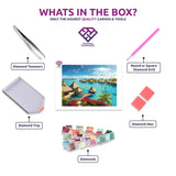 Polynesian Paradise diamond painting kit contents shown together