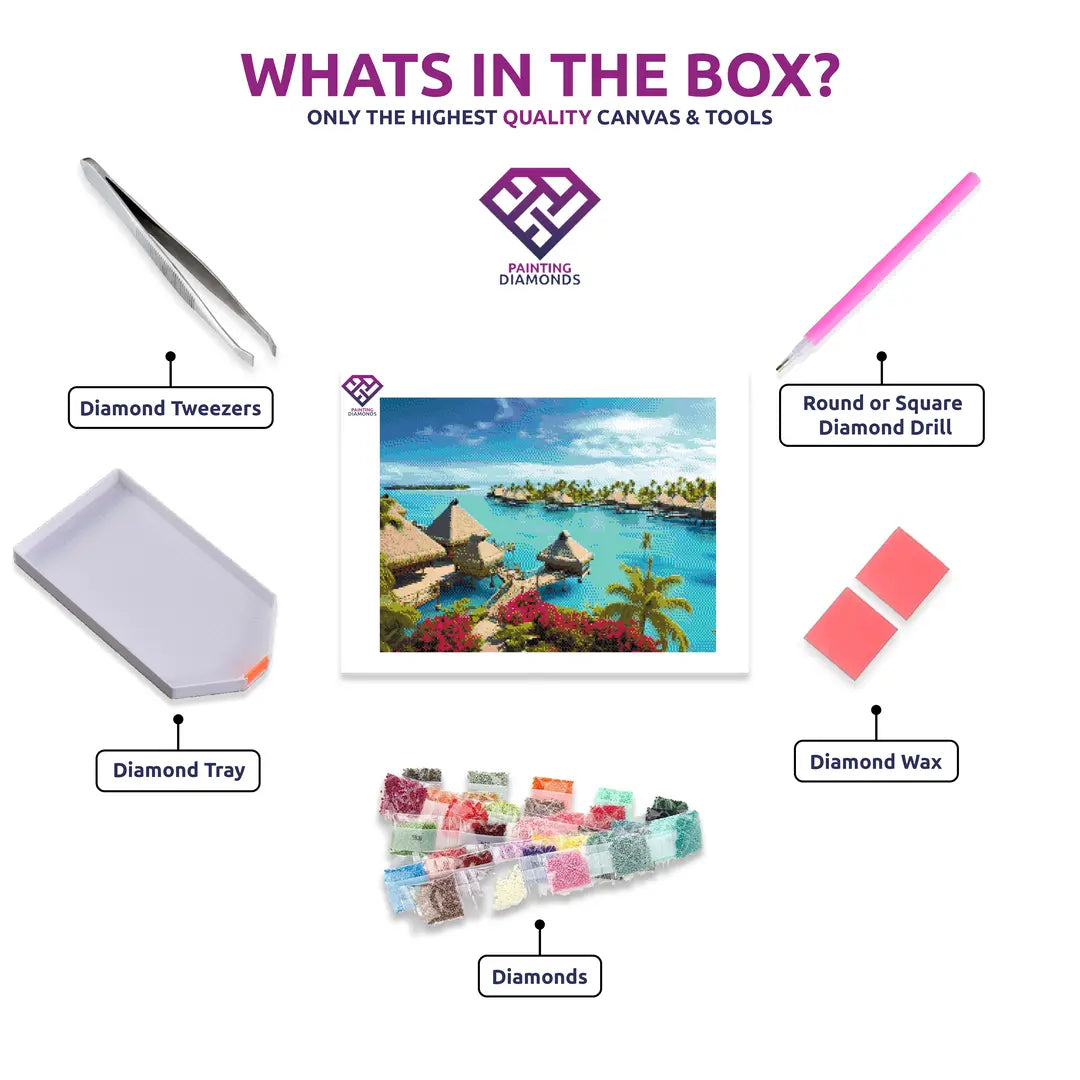 Polynesian Paradise diamond painting kit contents shown together