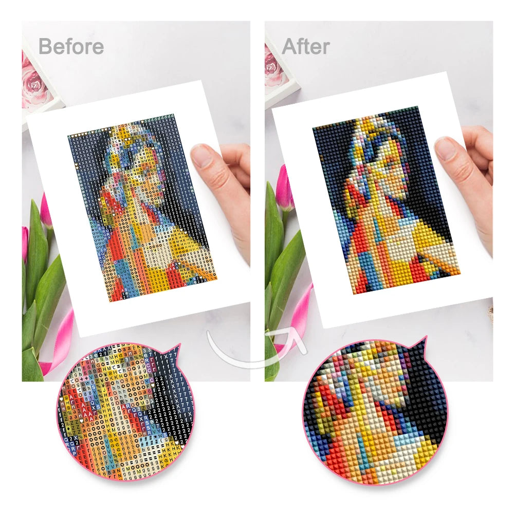 Before and after view of a Pop Art Masterpieces mini diamond painting design