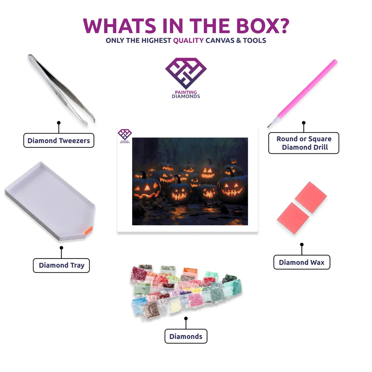 Pumpkin Glow Night diamond painting kit contents shown together