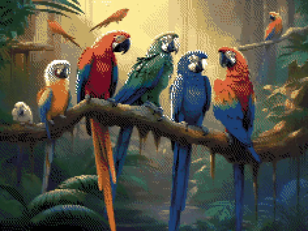 Rainbow Birds artwork shown as a completed diamond painting preview