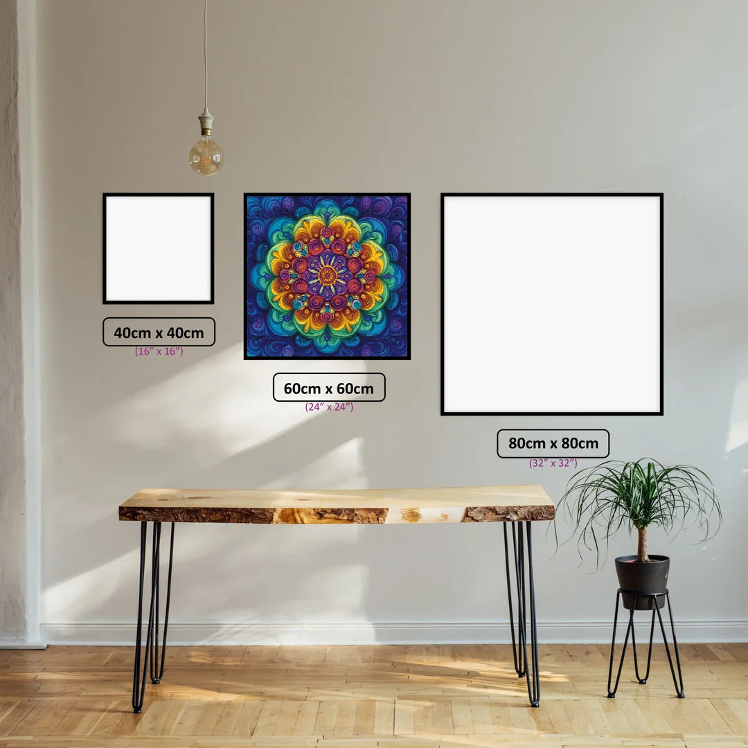 Rainbow Mandala Swirls diamond painting displayed in a room setting