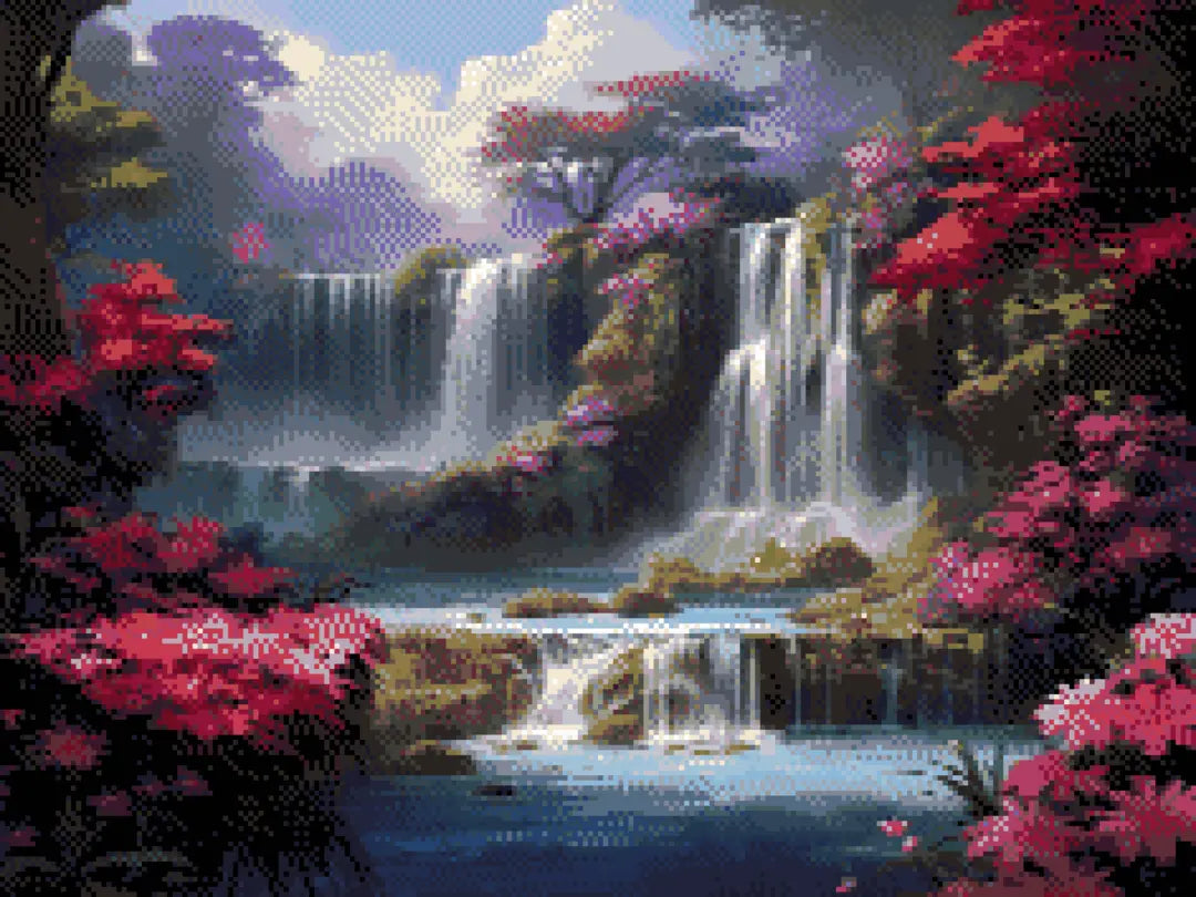 Rainbow Waterfall artwork shown as a completed diamond painting preview