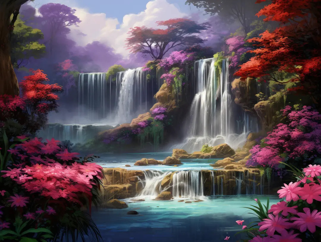 Multiple cascading waterfalls Water cascades over layered rocky ledges into pools in stylized forest waterfall scene