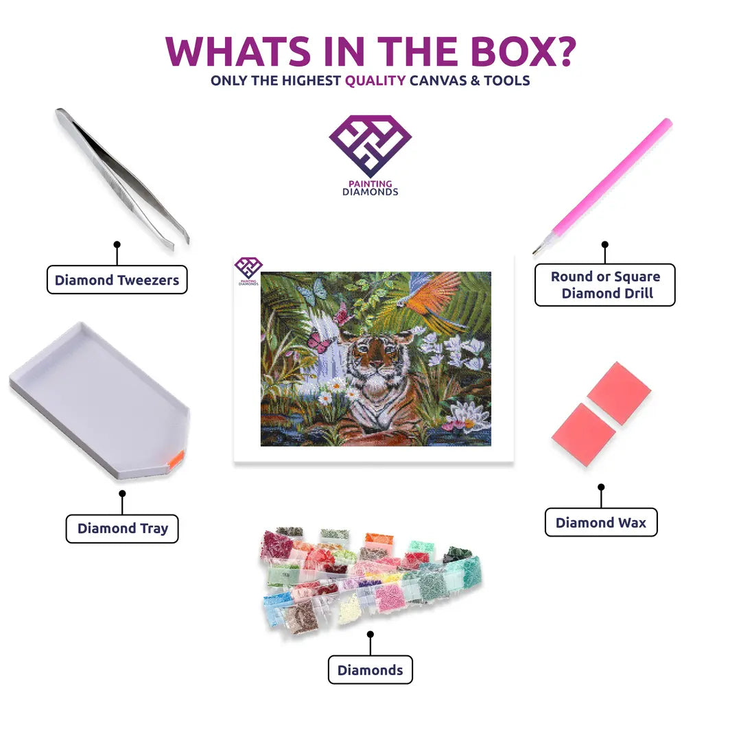 Rainforest Tiger diamond painting kit contents shown together