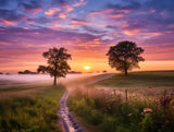 narrow winding path through open grassy fields beneath a colourful sky in outdoor landscape