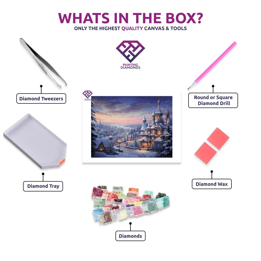 Russian Winter Wonderland diamond painting kit contents shown together