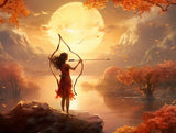 Long-haired archer drawing a bow on a rocky ledge in warm amber light