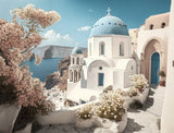 White domed building with blue accents and a cross above a pale coastal scene