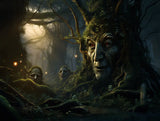 Large humanoid face integrated into a massive tree-like form large face is stationary and oriented toward the viewer