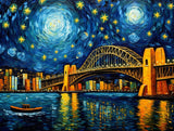 Stylized nighttime painting of a large illuminated arch bridge over water in nighttime harbor or river scene