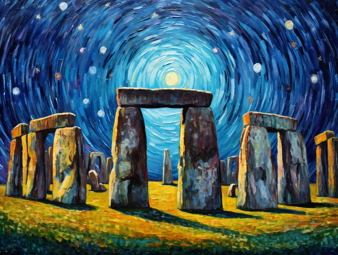 painted arrangement of large upright forms supporting horizontal forms in stylized open landscape