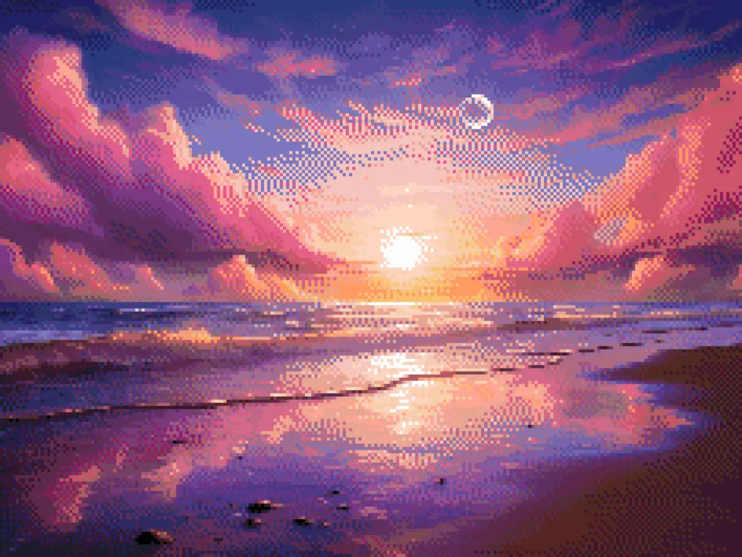 Sunset Beach artwork shown as a completed diamond painting preview