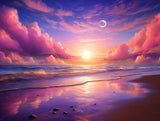 Ocean shoreline beneath a colourful sky Waves are breaking and washing toward the shoreline in shoreline at sunset or sunrise