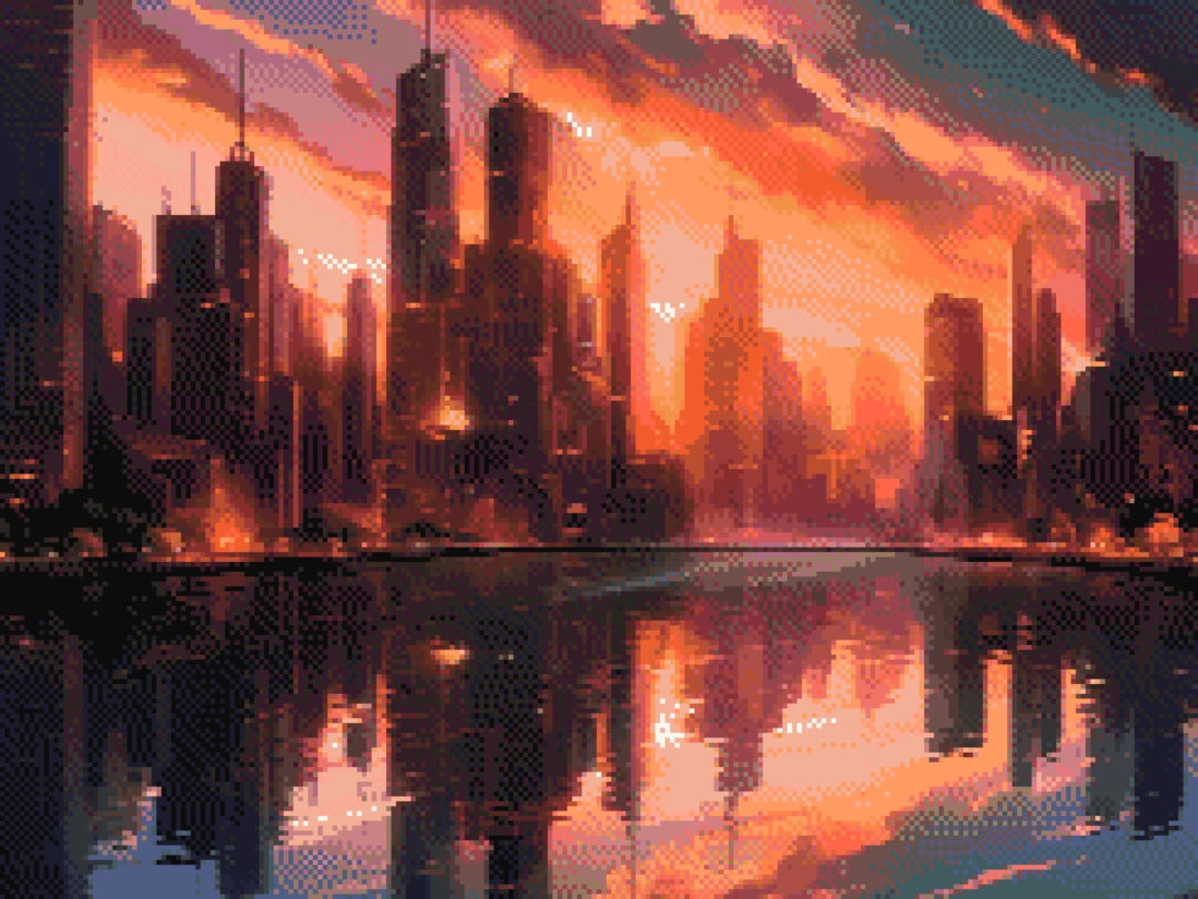 Sunset City artwork shown as a completed diamond painting preview