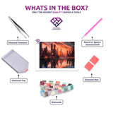 Sunset City diamond painting kit contents shown together