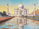 Symmetrical domed monument and slender towers reflected in pale blue water